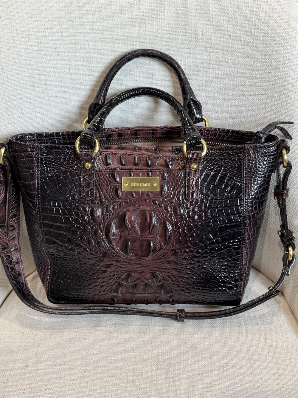 Brahmin Espresso Croc-Embossed Leather Satchel with Gold Hardware